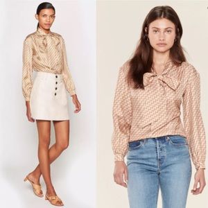Joie Joslin Bow Tie Silk Blouse Chain Print Oak Tan XL NWT